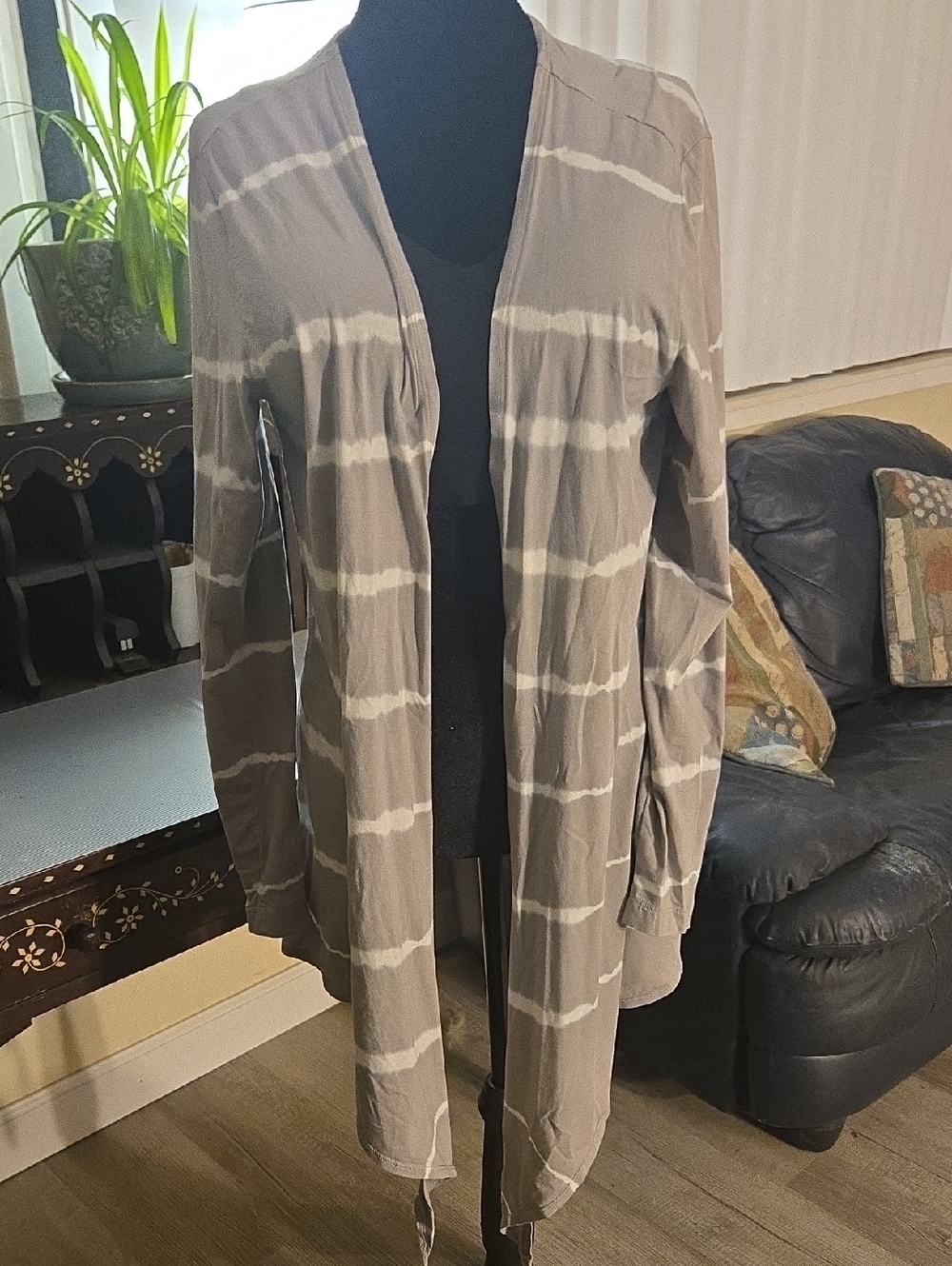 Chico's 3 (XL)Taupe and White Striped Open Front Cardigan